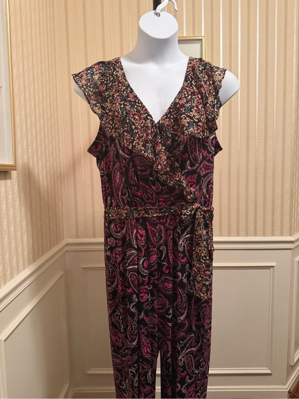 IMAN Paisley Jumpsuit with Floral Ruffle V-Neck